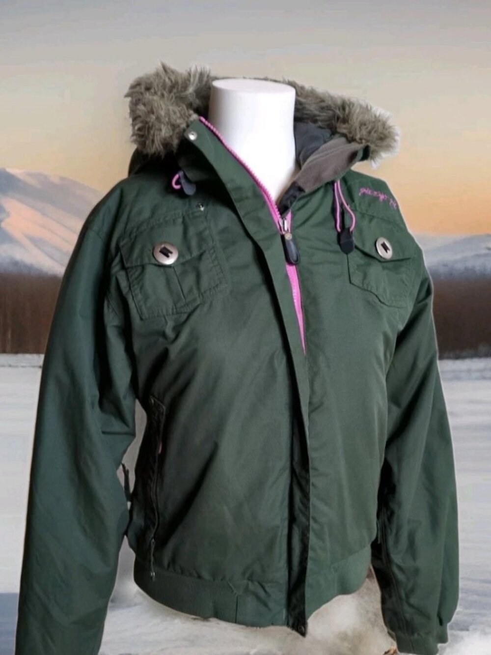 686 Mannual Airhart Snowboard Jacket Womens SMALL Forest Green Faux-Fur Hood
